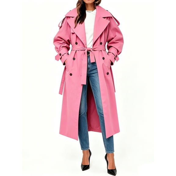 Womens Oversized Long Trench Coat Double Breasted Lapel Windproof Overcoat with Belt