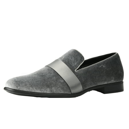 Image of Amali Mens Velvet Slip On Designer Tuxedo Loafers Silver Size 8.5