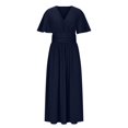 thumbnail image 4 of Vestido Maxi de Manga Larga para las Mujeres Caída Sólido de Manga Corta Cuello en V Plisado Vestido Maxi Midi, Cintura Elástica Boho Vestido de Playa con Bolsillos, 4 of 9