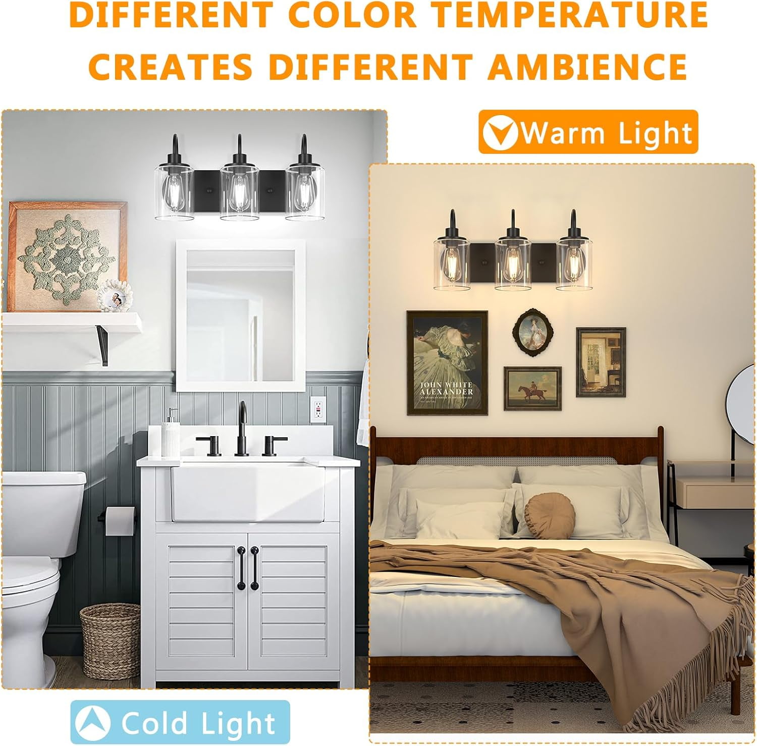 Bathroom Vanity Light 3 Lights Black Vanity Lighting Fixture over Mirror Light with Clear Glass Shades for Hallway, Kitchen, Living Room, Bedroom