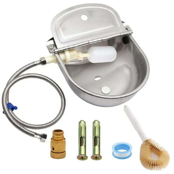Automatic Animal Drinking Water Bowl with Float Valve and Drainage Hole, 304 Stainless Steel Livestock Dispenser Waterer Kits Included Water Hose, 3/4''Adaptor, Float Valves Mounting Bolts