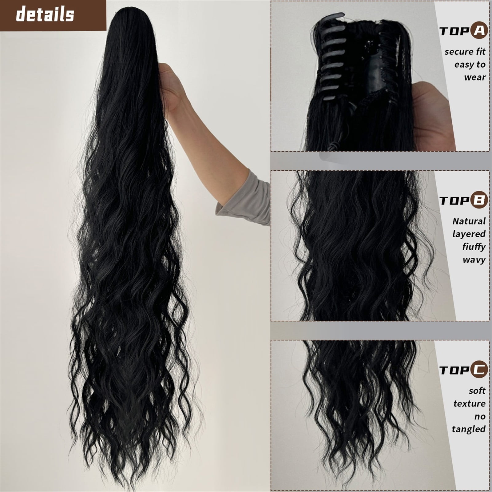 Extensions Soft Natural Multi-Color 32" Claw Ponytail Extension Curly Hair Water Wave Clip in Hair