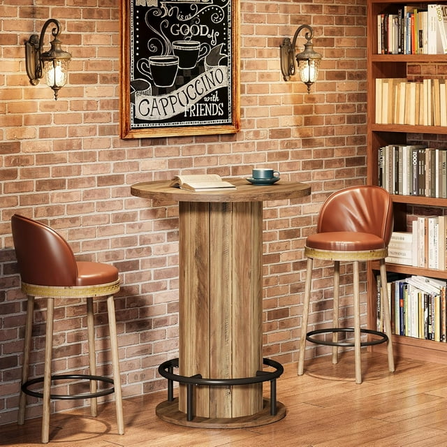 39.4" H Small Dining Table, Round Circle Kitchen Table with Wood Strip Base and Footrest(1pc)