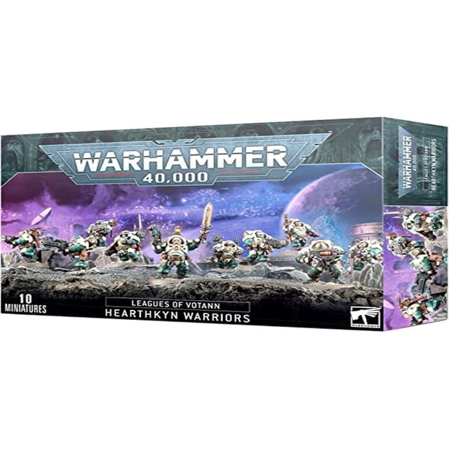 miniatures games workshop warhammer 40,000 leagues of votann caja con 10 miniaturas Hearthkyn Warriors; vista frontal del empaque que muestra guerreros con armadura y variedad de armas en una escena espacial, producto sin pintar y requiere montaje, marca Games Workshop visible.