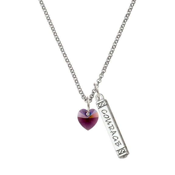 Delight Jewelry Purple Crystal Heart Silvertone Courage Strength Wisdom Honesty Bar Charm Necklace, 23"