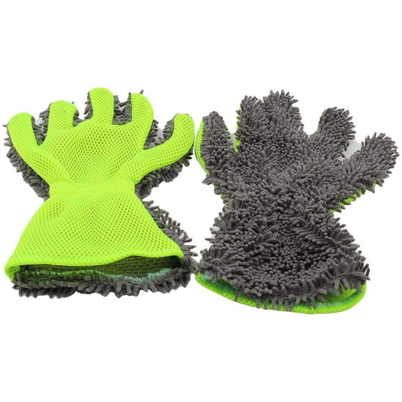 Car Wash Mitt Scratch Free, 5-Finger Microfiber Wash Mitts, Car Interior Exterior Cleaning Gloves, Green Gray,2-Pack