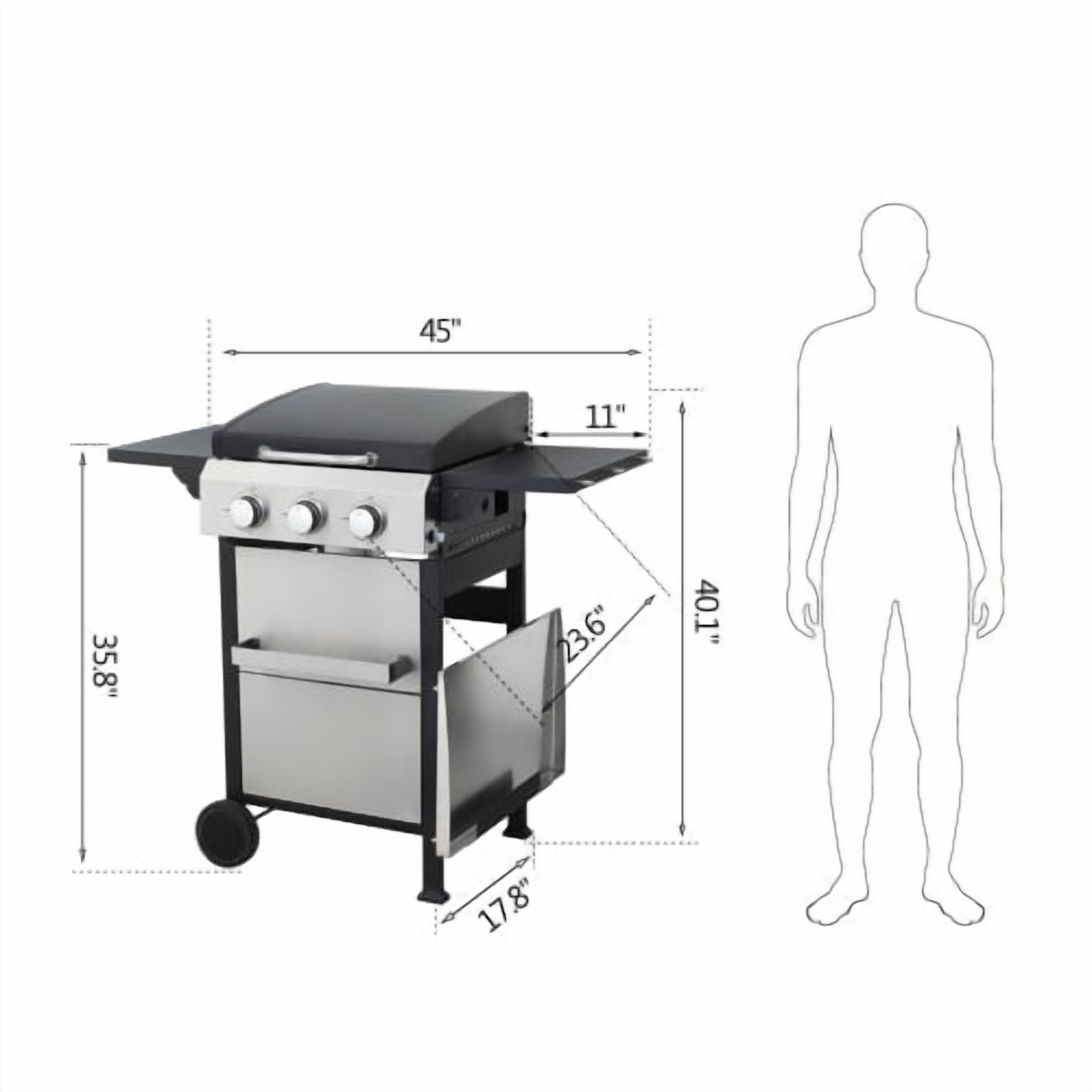 3-Burner Propane Grill with SS Plancha Griddle, 36,900BTU Outdoor BBQ, Enamel Cooking Grids & Foldable Side Table, Hanging Basket, Black+Silver