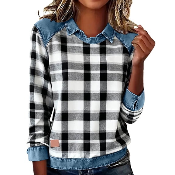 Sweaters for Women Sweatshirts Patchwork Denim Pullovers Long Sleeve Splicing Tshirts Blouses Fall Cardigan Womens Tops