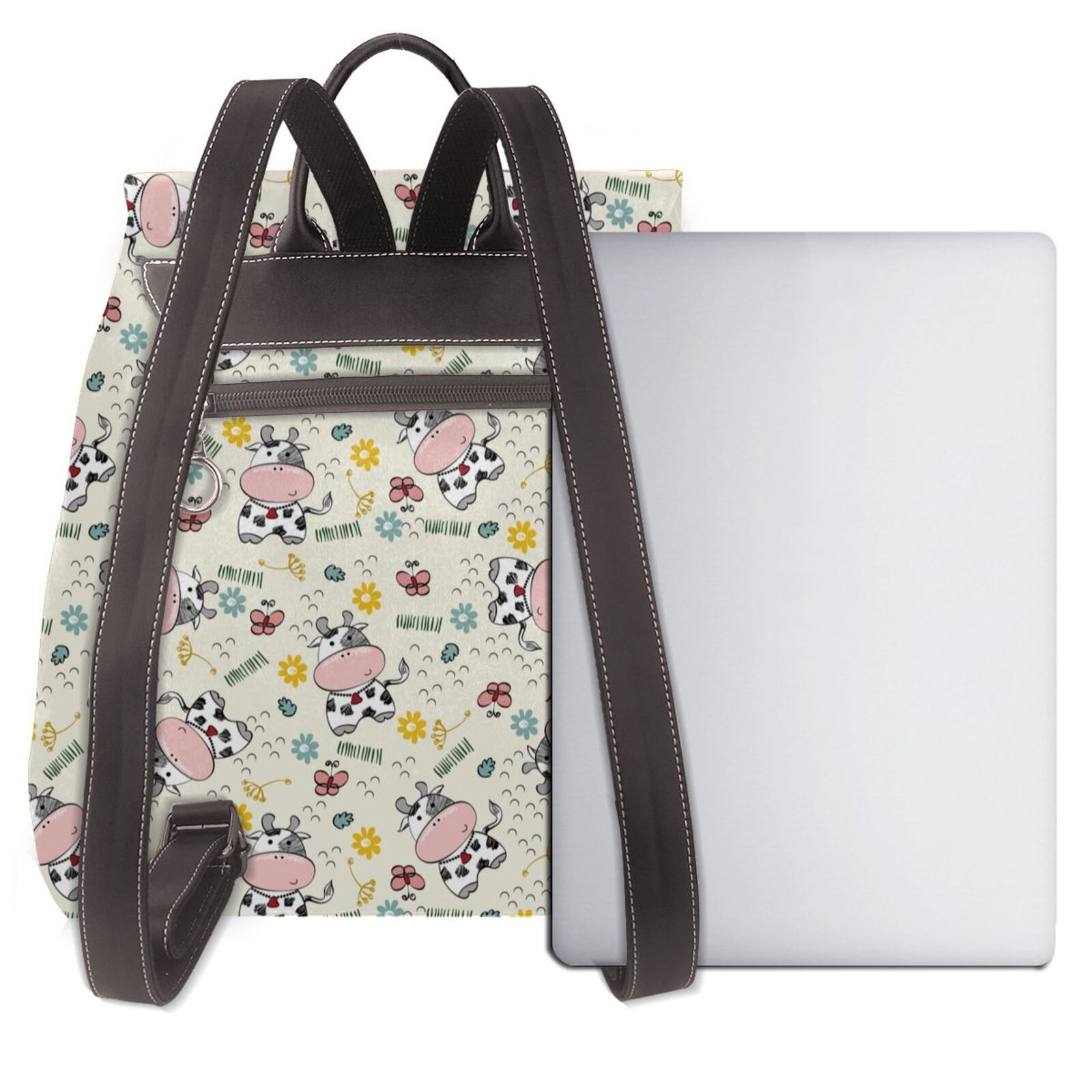 Xecao Cute Cow Print Large Backpack Soft Leather for Women Travel with Compartment, Adjustable Convertible Strap