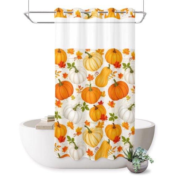 No Hook Shower Curtain, Orange Yellow Pumpkins Fall Shower Curtains for Bathroom with See Through Top Window, Thanksgiving Maple Leaf Khaki Waterproof & Washable Bath Curtain Stand Up Stall 36"x72"
