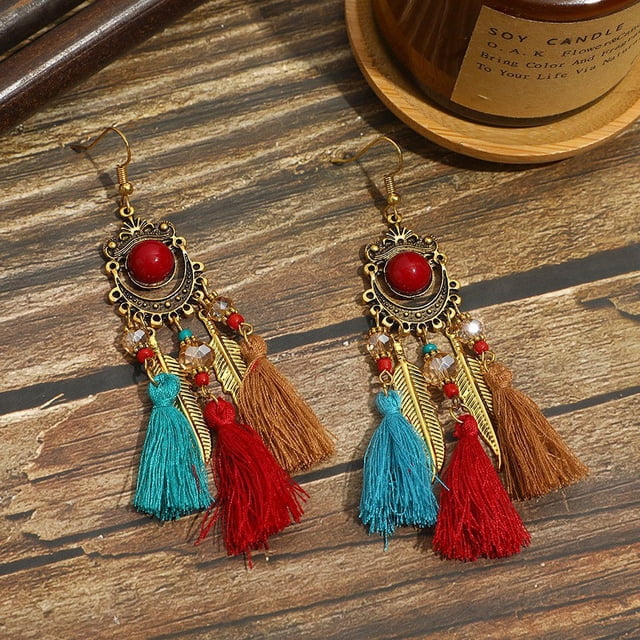 Pendientes de estilo étnico con borlas largas, personalidad y temperamento, pendientes Joker, gancho para la oreja de hoja dorada de estilo chino Características étnicas
