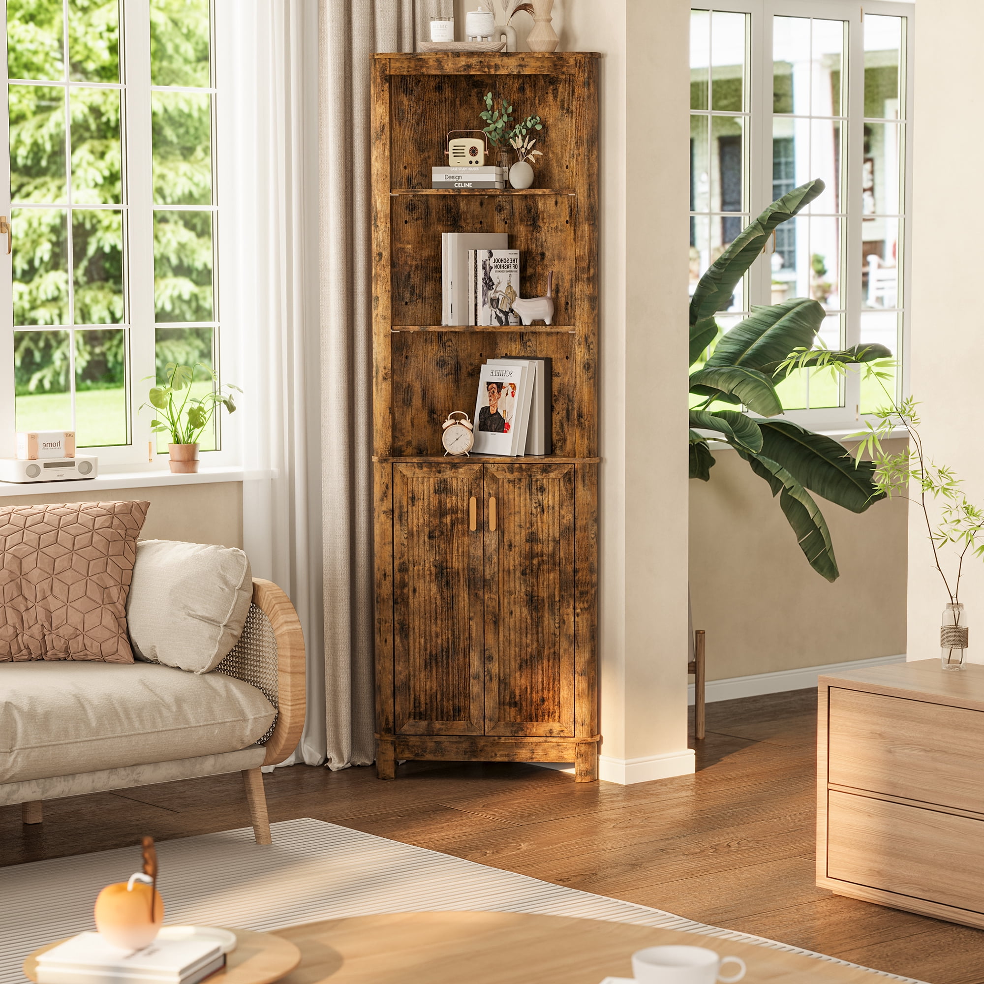 68" Tall Fluted Corner Cabinet for Bathroom, Modern Living Room & Kitchen - 5 Adjustable Shelves, Space-Saving Retro Storage, Curved Profile Design
