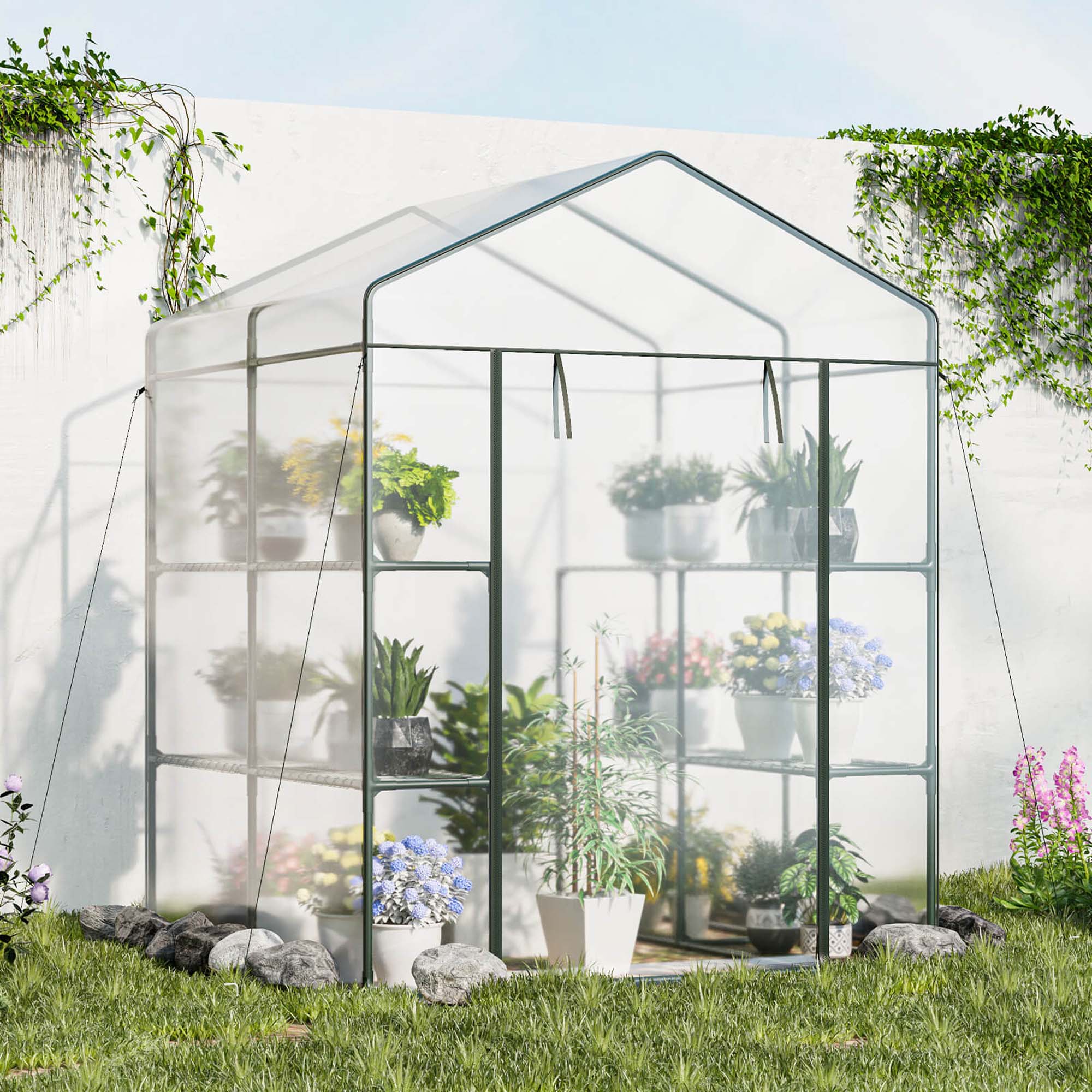 Costway Portable Mini Greenhouse with 3 Tiers 8 Shelves Roll-up Zippered Door for Plants