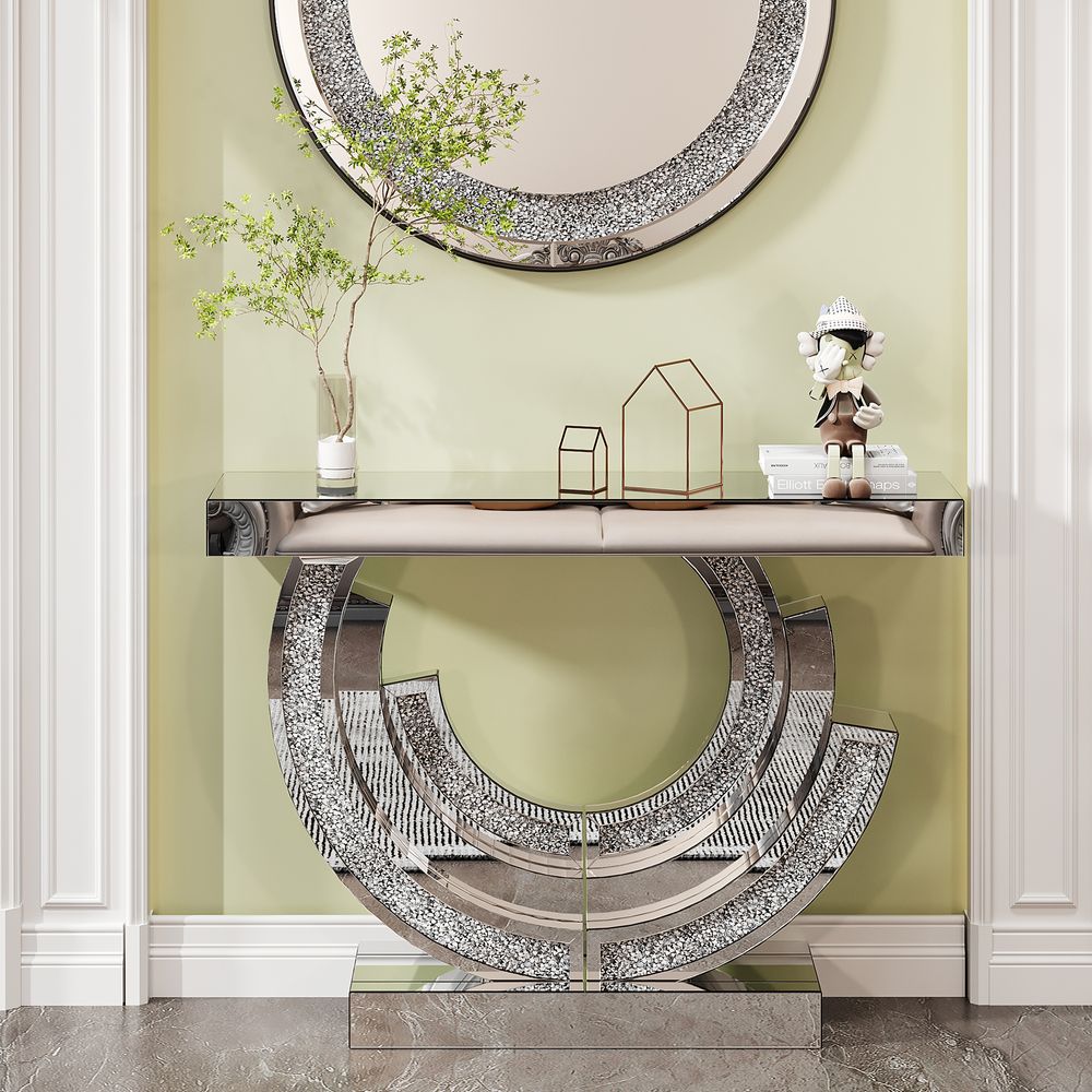 LUMAMIN Mirrored Console Table, Modern Handcrafted 3C Shaped Glass Sofa Table Entryway Table with Crystal Accents for Living Room, Bedroom, and Hallway