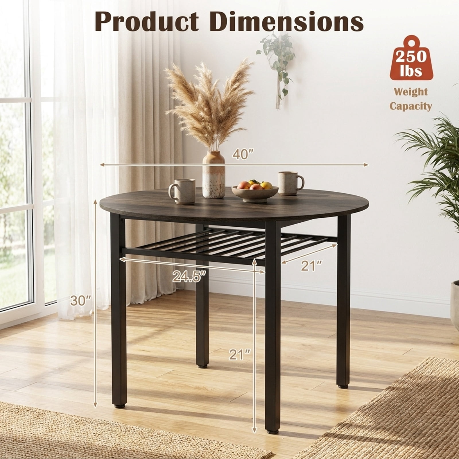 Furnibear 40 Inch Round Kitchen Dining Table with Storage Shelf and Metal Frame