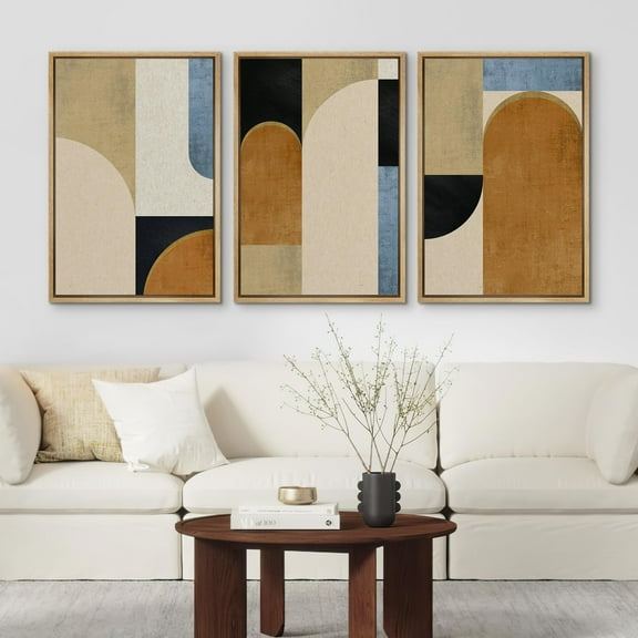 IDEA4WALL Framed Canvas Print Wall Art Set of 3 Geometric Block Abstract Shapes Cozy Neutral Modern Art Decor Contemporary Multicolor Relax/Calm Chic for Rooms - Natural 24"x36"x3