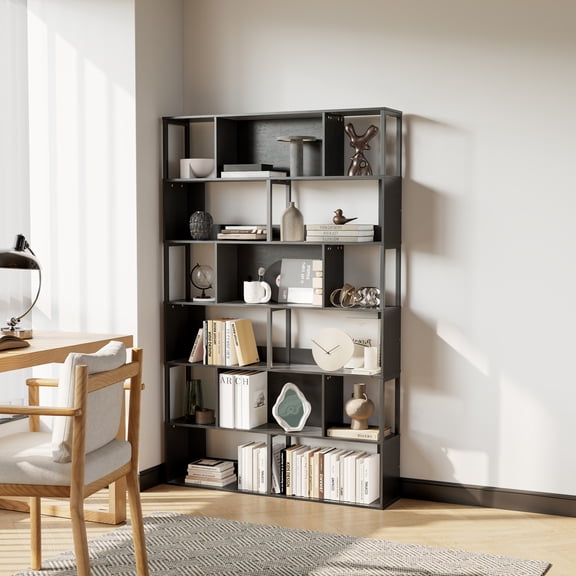 74 Inch Tall 6-Tier Geometric Bookshelf, Industrial Metal Frame Bookcase with 15 Open Storage Shelves for Living Room & Home Office