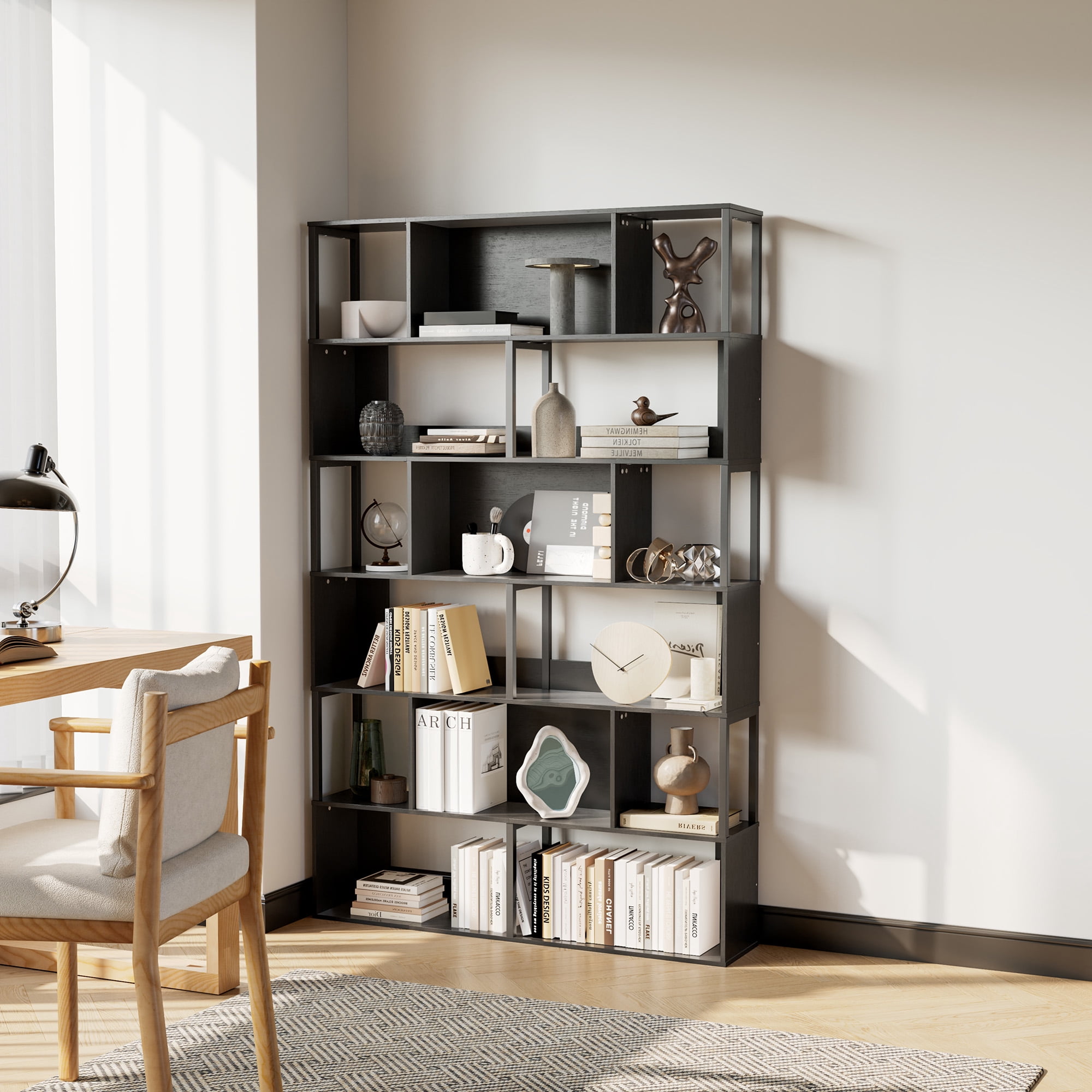 Modern 6-Tier Geometric Bookshelf for Office & Home – Industrial Bookcase Room Divider 15 Open Display Shelves Anti-Tip Black Metal & MDF – Black Small Embossed