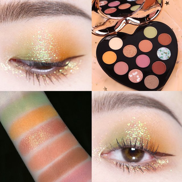 Paleta de Sombras NOVO en Forma de Corazón con 12 Tonos, Incluye Brillo, Mate y Perlas, Ideal para Looks Naturales o de Fiesta, Versión 03# Deseos con Pincel Incluido.