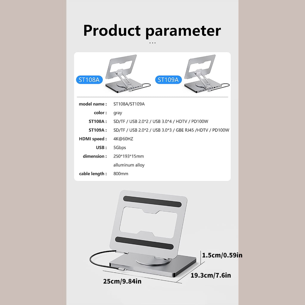 Laptop Stand and Docking Station Featuring 10 Port and 360 Degree Rotation Notebook Holder for and Home PD100W