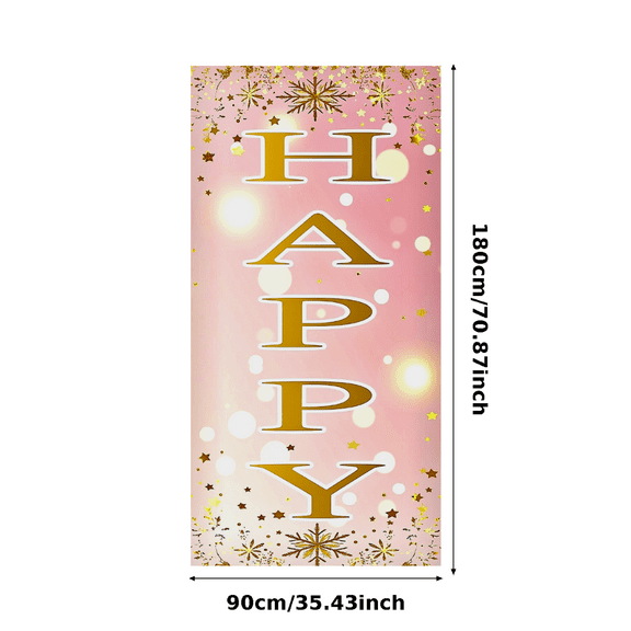 Vertical Happy Banner with Golden Letters on Soft Pink Background Party Decoration Backdrop for Birthday Parties Celebrations Photo Booths Events Decor