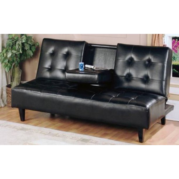 Hodedah Futon Sofa Bed, Fold Up & Down Recliner Couch with Drop Down Cup Holder Tray, Brown
