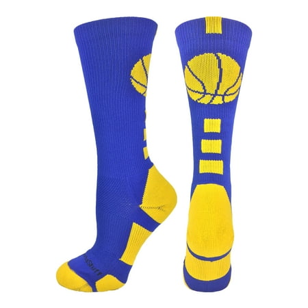 Basketball Socks with Basketball Logo Crew Socks  (Royal/Gold, Large) - (Best Basketball Socks Ever)