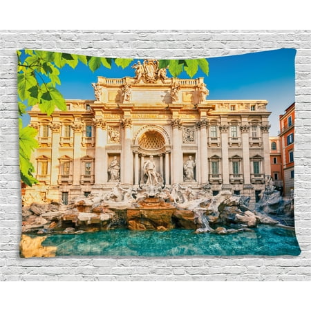 Italy Tapestry, Fountain Di Trevi Famous Travel Destination Tourist Attraction European Landmark, Wall Hanging for Bedroom Living Room Dorm Decor, 80W X 60L Inches, Multicolor, by