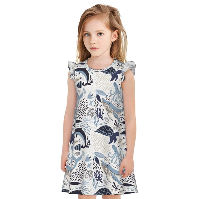 Fotbe Sea Animal Vestido de Dormir para Niñas de 3 a 10 Años, Mangas Cortas, Estilo Princesa, Pijama Camisón con Mangas Voladas-Small