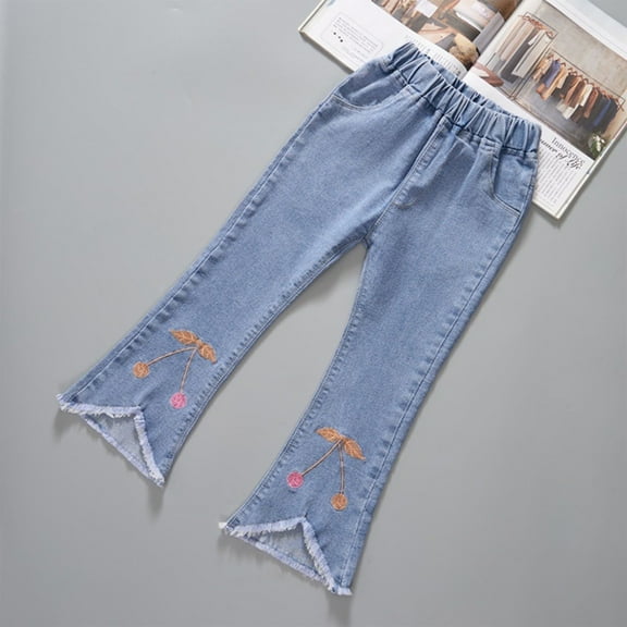 ATOGUTA Jeans Girls Distressed Embroidered Jeans Denim Pants Light Blue, Size 3T-14