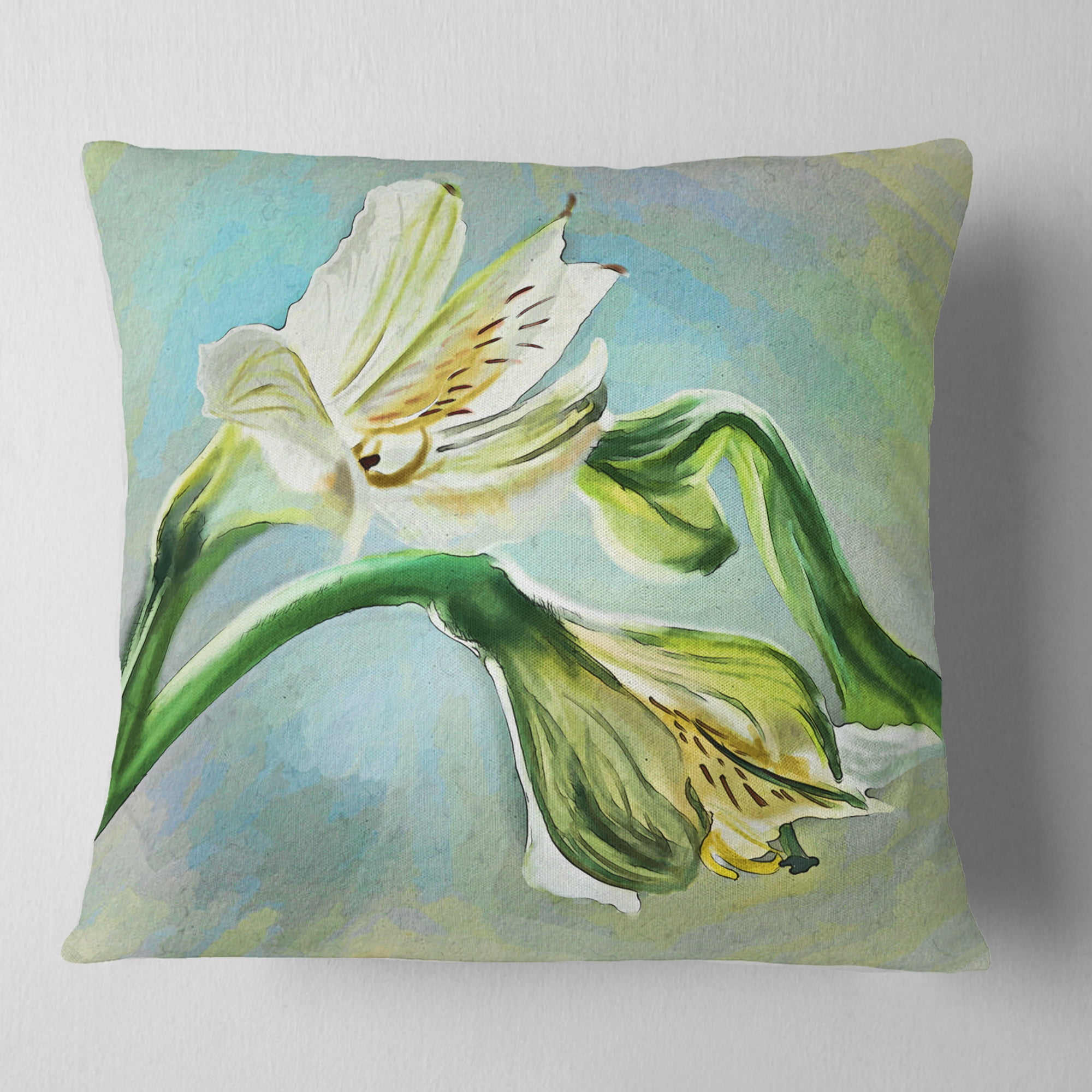 Designart White Lily Flower Sketch Watercolor - Floral Throw Pillow - 18x18