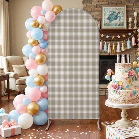 Brown Plaid Arch Backdrop Covers 6 FT Country Rustic Farmhouse Classic Minimalist Checkered Stretchy Fitted Arched Stand Covers Party Arch Stand Cover Photo Booth for Wedding Birthday Decor