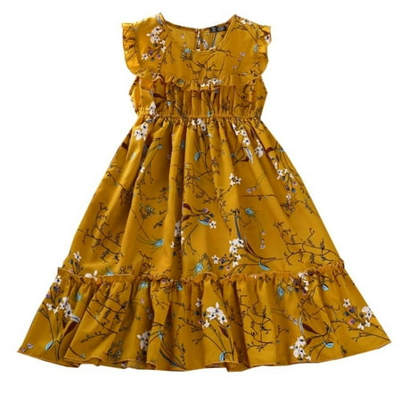 

Girls Floral Summer Sundress Ruffle Sleeveless Pleated Holiday Party A-Line Swing Party Dresses