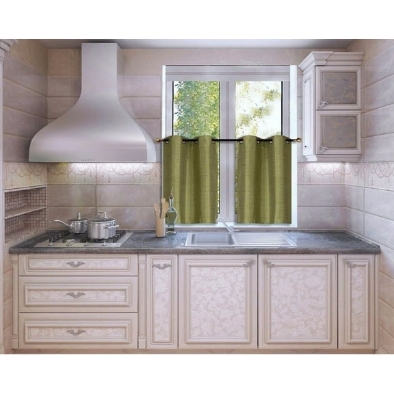 N25 Lime Green 1-Set Light Filtering Kitchen Window Curtain, 2 Faux Silk Tier Panels With Bronze Grommets on Top