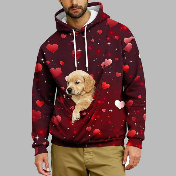 TIMIFIS Valentines Mens Pet Carrier Hoodie Long Sleeve Hooded Sweatshirts Pullover Fall Winter Heart Graphic Casual Comfy Kitten Cat Puppy Holder Kangaroo Pocket Drawstring Top