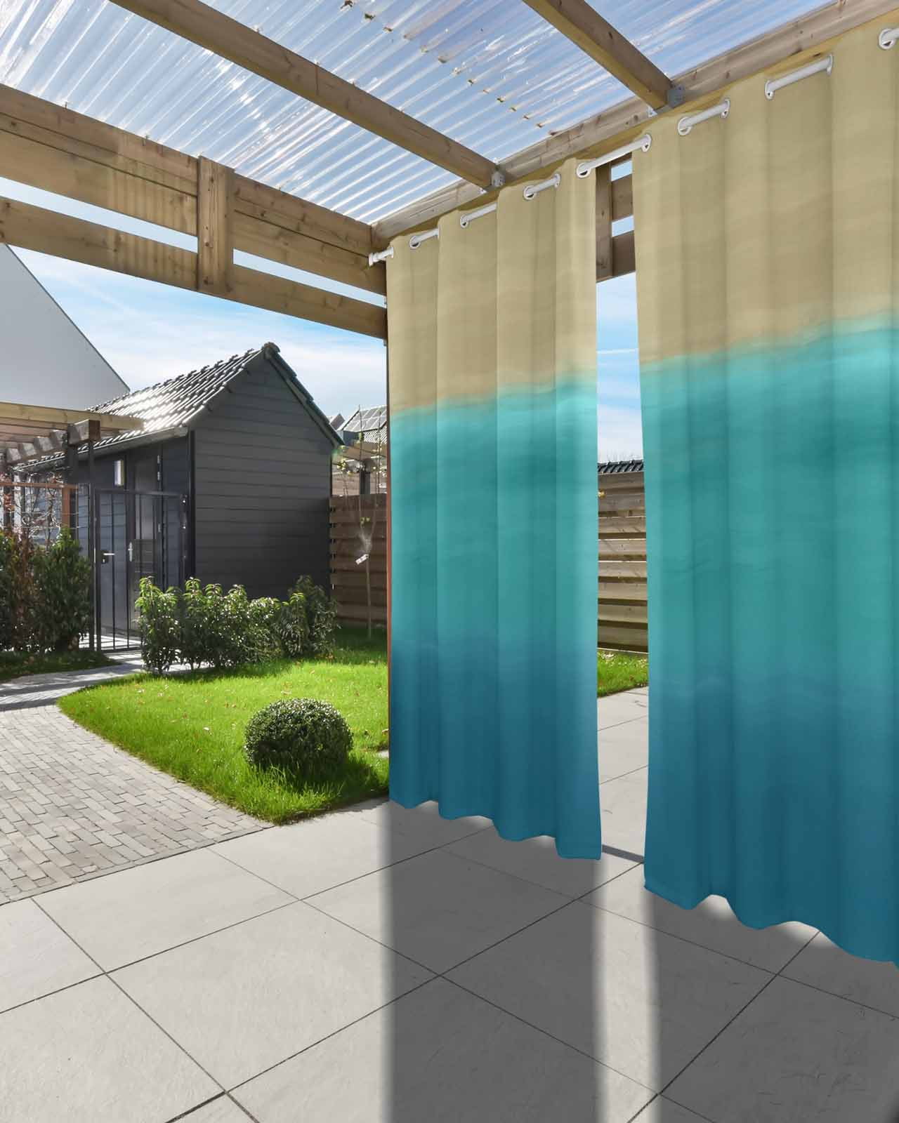 Teal Blue Ombre Outdoor Curtains for Patio, Modern Abstract Privacy Drapes Grommet Waterproof Outside Curtains for Porch/Cabana/Balcony 54"x 108", 2 Panel