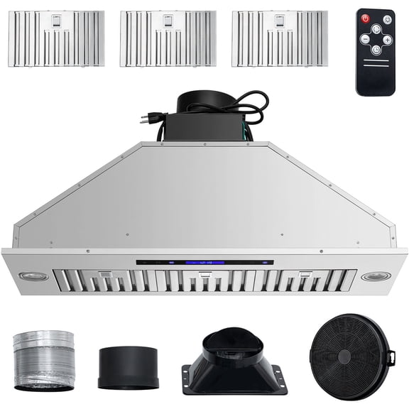 KFFKFF 36" Stainless Steel Range Hood, 900CFM, 4-Speed Settings, Built-in Kitchen Exhaust with Touch & Remote, LED Lighting, Baffle Filters, Convertible Ducting Options, ETL Certified