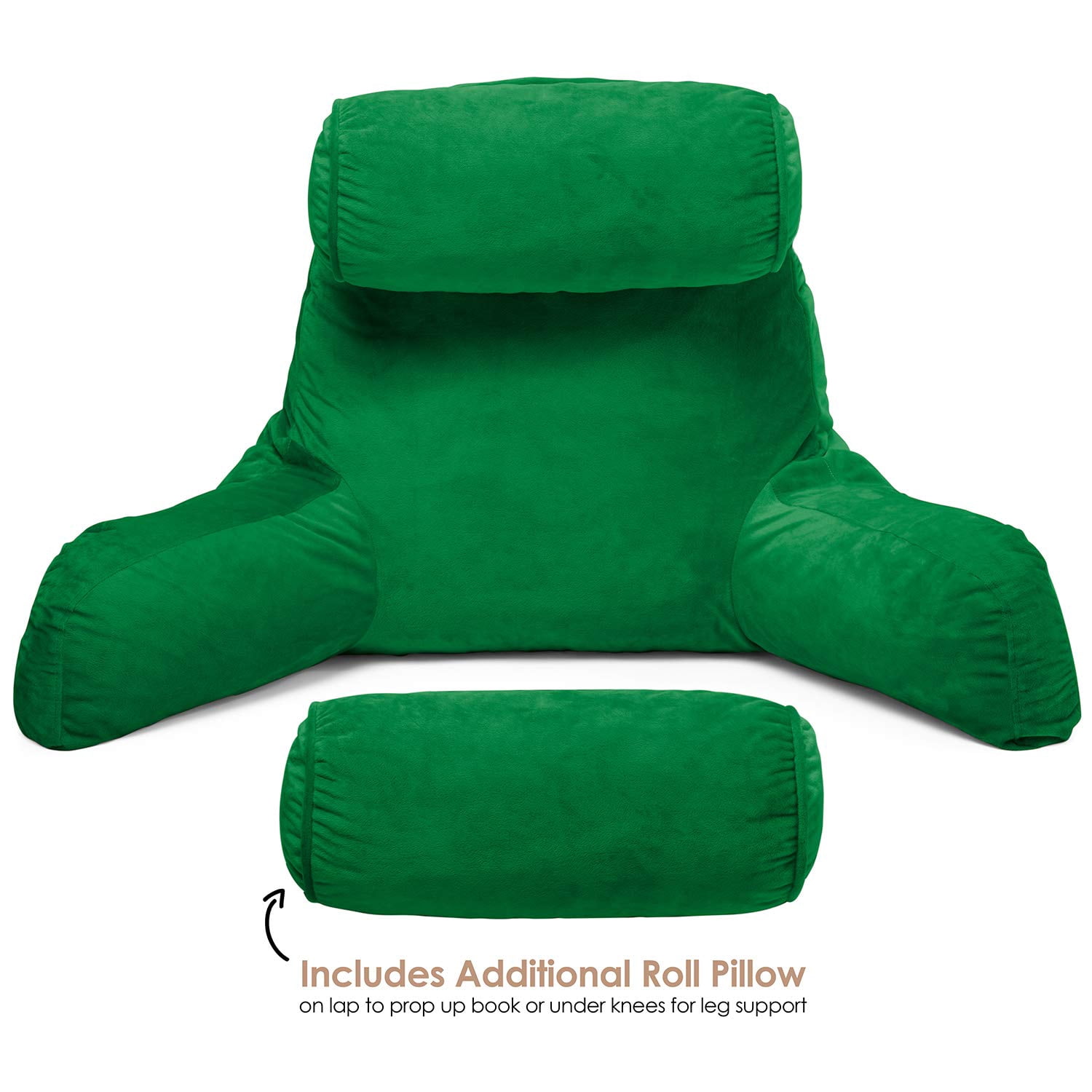 Clara Clark Bed Rest Pillow with Arms and Pockets, Detachable Neck Roll, Large, Green
