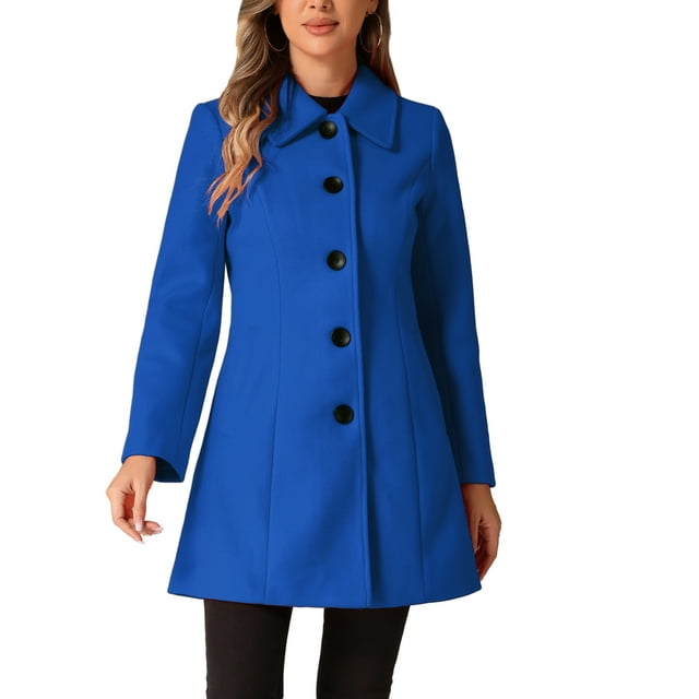 Abrigo de mujer Inspire Chic de un solo botón, de manga larga, largo hasta la túnica, abrigo de invierno con bolsillos, tamaño S, color azul
