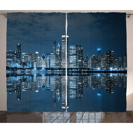 Cream Gray And Blue Living Room Chicago Skyline Curtains 2 Panels Set, Sleeping City Dramatic Urban Resting Popular American Lake Picture, Window Drapes for Living Room Bedroom, 108W X 108L Inches, Night Blue Grey, by Ambesonne ()
