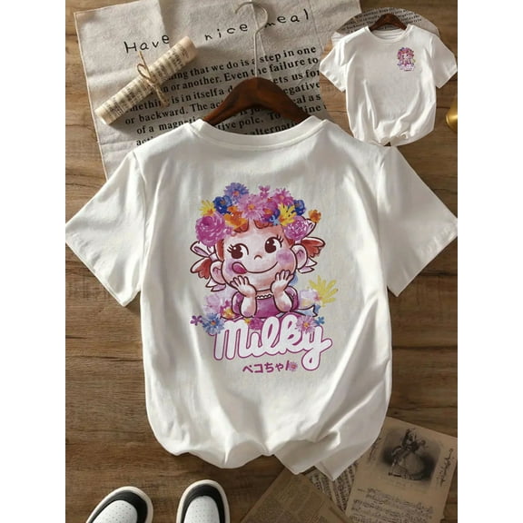 [Casual T-shirt] Comfortable Classic Cartoon Wreath Print Short Sleeve T-shirt | Front and Back Printed, Women's Clothing, Casual T-Shirt Top