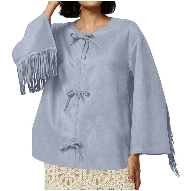 SHTXOZHI Vestes en Cuir à Franges pour Femmes, Manches Longues, Cardigans Ouverts à l'Avant, Manteaux à Pampilles Mode d'Automne