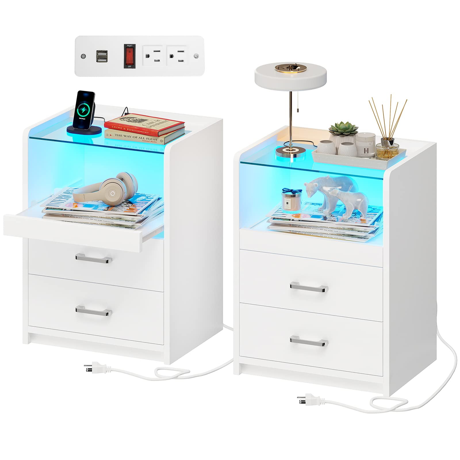Set of 2 LED Nightstand with Charging Station&LED Lights&2 Drawers