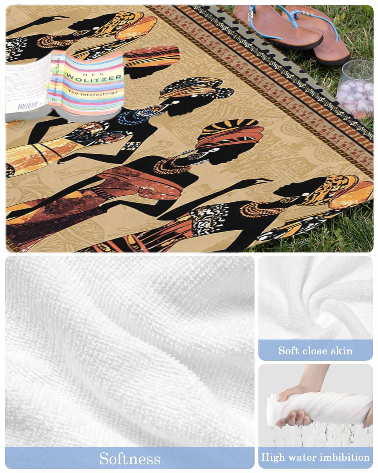 African Black Women Beach Towels Oversized Super Absorbent, Boho Ethnic Tribe Vintage Brown Lightweight Bath Towel Quick Dry Sets For Bathroom/Pool/Rv Camping/Beach Play/Gym Room/Picnic 30"x60"