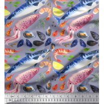 Soimoi Grey Cotton Jersey Fabric Prawns,Shell & Jellyfish Ocean Printed Craft Fabric by the Yard 58 Inch Wide