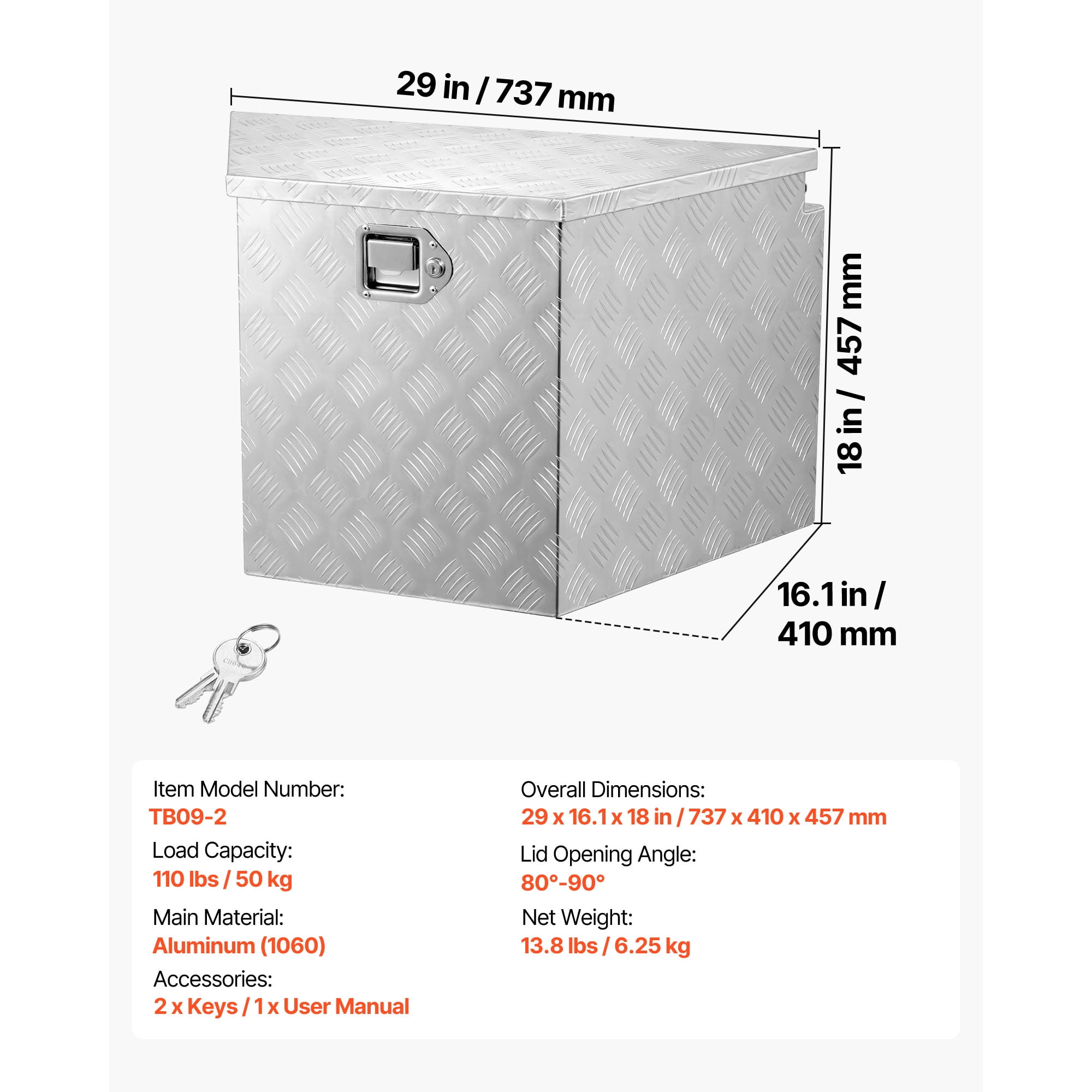 KFFKFF Aluminum Trailer Tongue Tool Box, 29" x 16.1" x 18" Storage Organizer with Lock & Keys, Durable Utility Chest for Truck Bed, RV, SUV, and Off-Road Vehicles, Silver