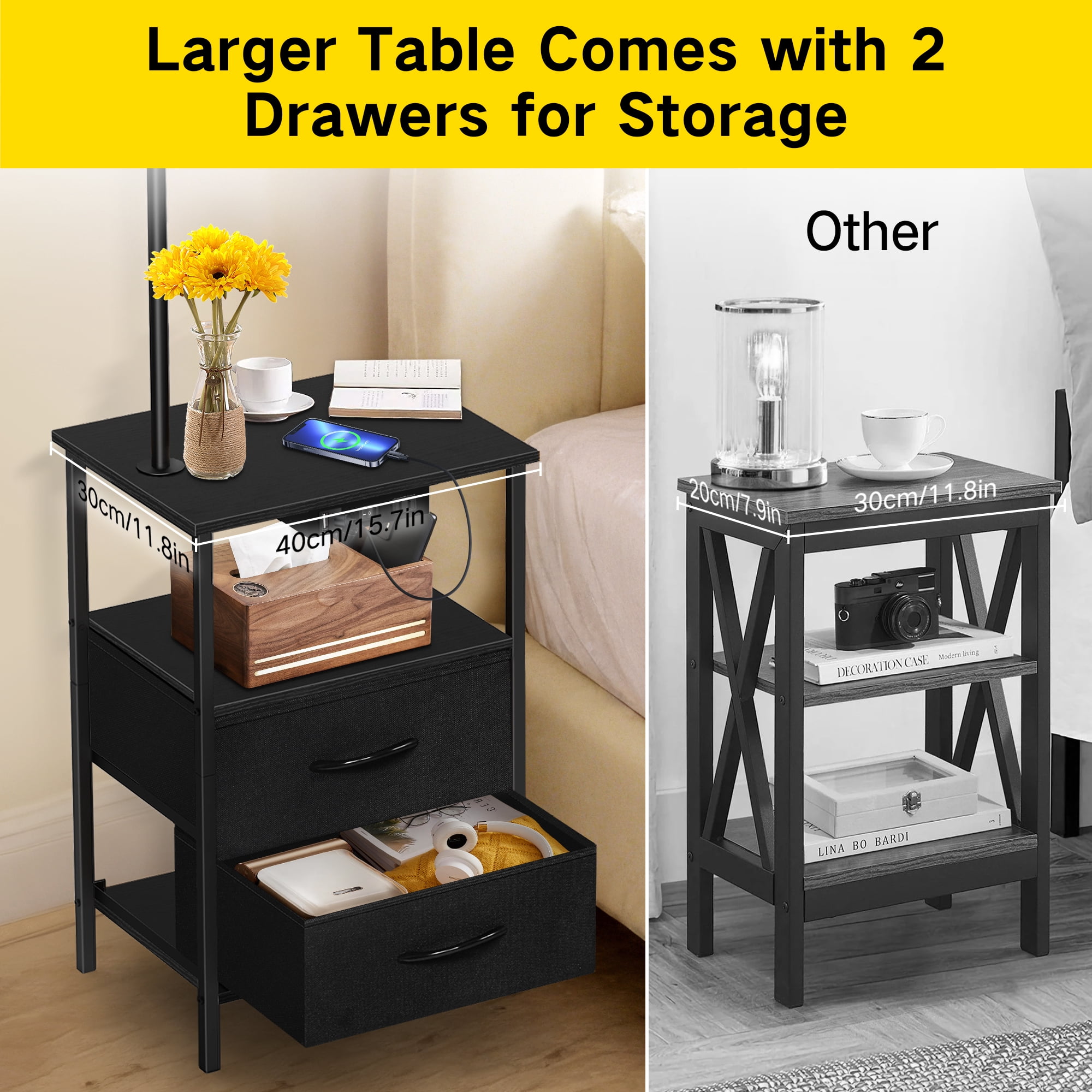OUTONLIFE Floor Lamp with Table for Bedroom Living Room, End Table with 2 Drawers , Lamp with USB Port and Outlet, 3 Color Led Bulb Included, Black
