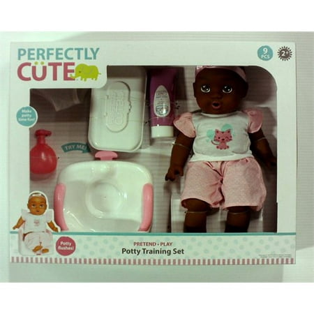 perfectly cute Potty Training Set with 14 Baby Girl Doll - Dark Brown (Best Potty Training Doll)