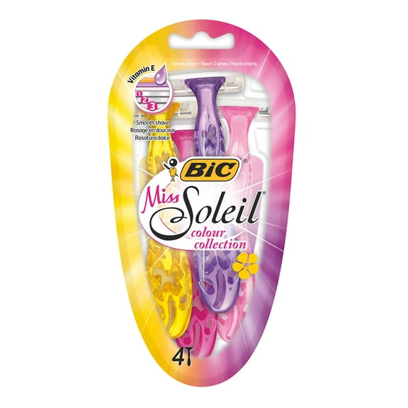 BIC Miss Soleil Colour Collection Lady Razors, Triple-Blade Razors, Vitamin E Enriched Lubricating Strip - Pack of 4