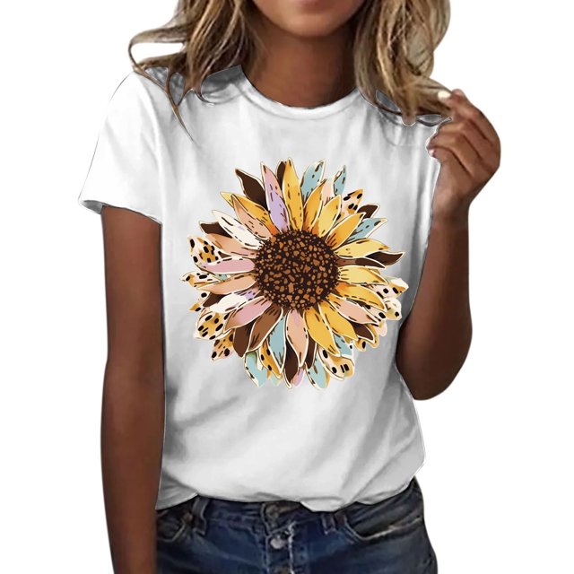 LUOGENLI T-shirts pour Femme pour Femmes T-shirts pour Femmes à la Mode Tournesol Imprimé Col Rond Manches Courtes Sport Décontracté T-Shirt Vintage T-shirts pour Femmes T-Shirt Graphique Fête de la Saint-Patrick Blanc P
